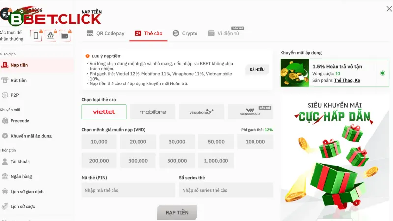 Giao dịch nạp tiền bằng thẻ cào