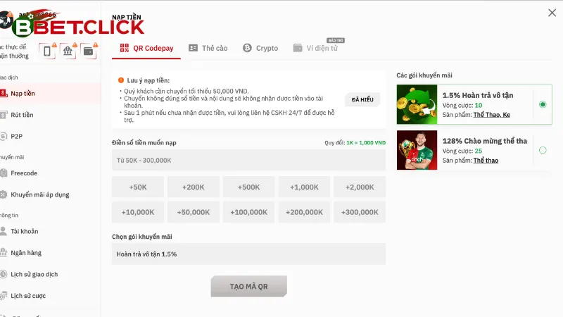Nạp tiền BBet bằng cách quét mã QR Codepay