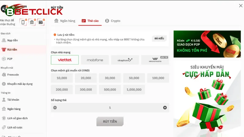 Rút tiền BBet bằng thẻ cào